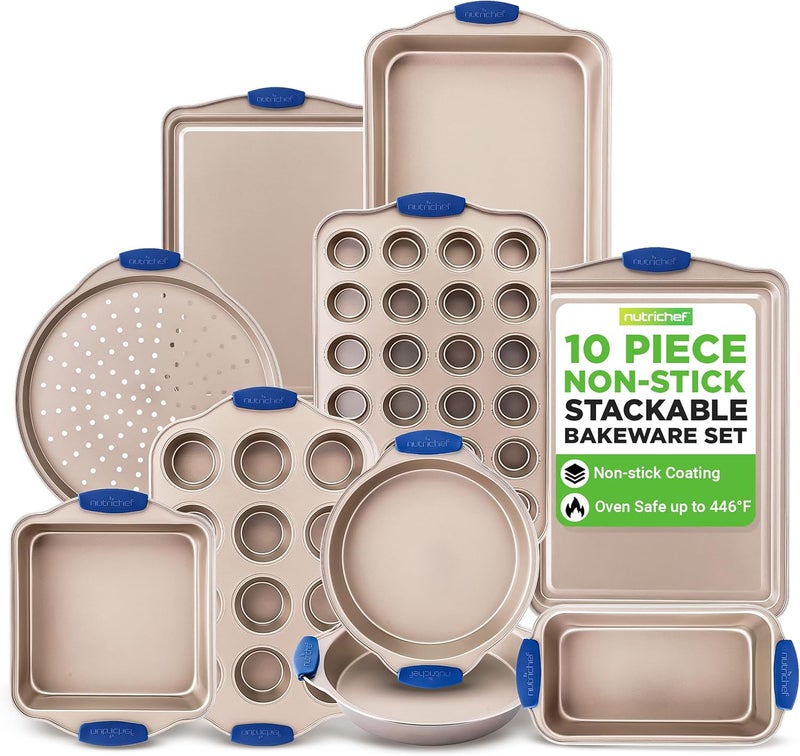 NutriChef 10-Piece Nonstick Bakeware Set - Premium Carbon Steel Baking Pan Set w/Heatsafe Silicone Handles, Includes Pizza Crisper, Loaf Pan, 12 & 24 Cup Muffin Pans, Cake Pans, Cookie Sheets - Image 1